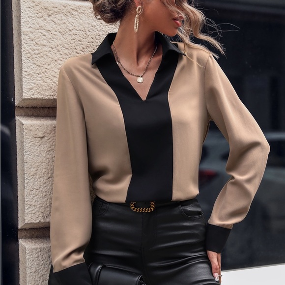 Tops - Chic Beige and Black Blouse
